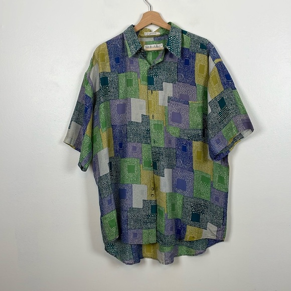 Perry Ellis Portfolio Silk Short Sleeve Button Down 1 Pocket Men Mulicolor Shirt - Picture 1 of 11